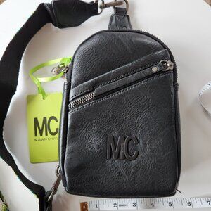 Milan Chiva MC Black Crossbody Bag - Front & Back Zip Pocket - Embossed Logo